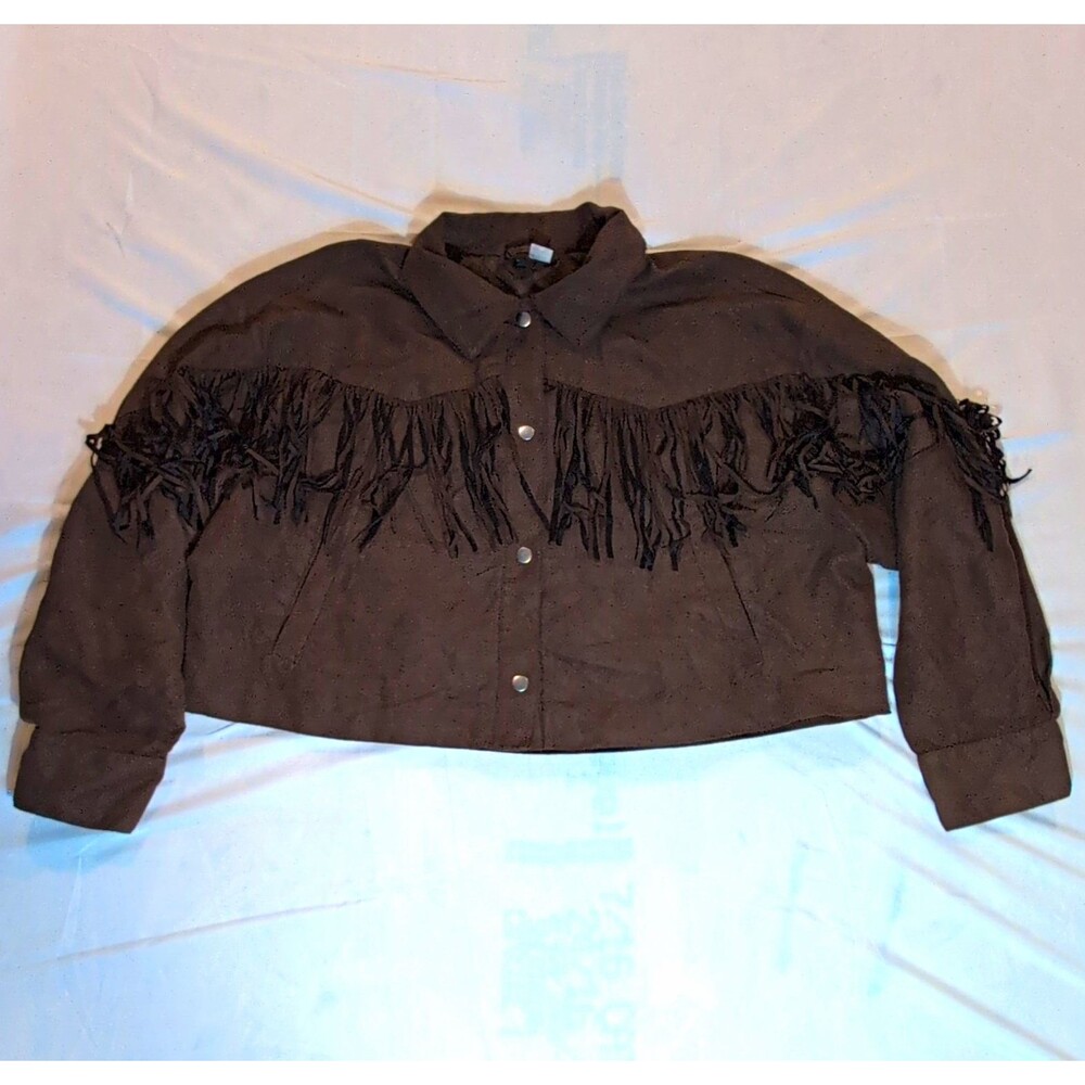 H&M Womans Brown Western Fringe Button Jacket w/ Pockets Size XL